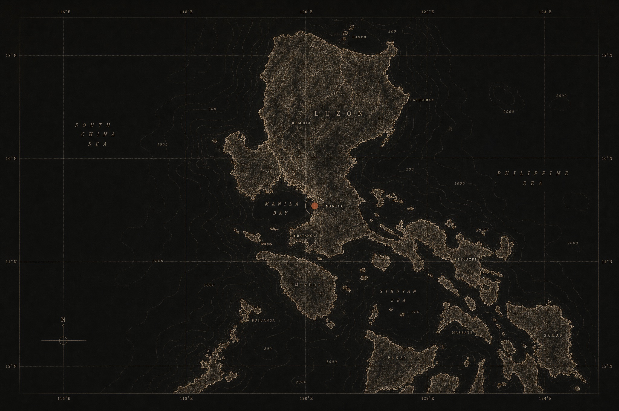 A dark vintage-style chart of Luzon and Manila Bay, a terracotta waypoint marking Manila.