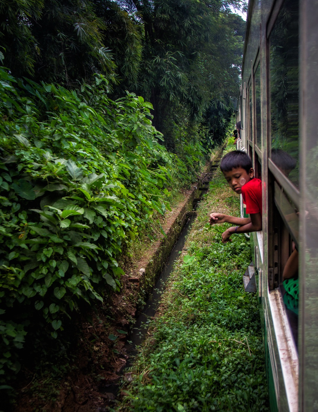 A boy leaning out of the open doorway of the Yangon circular train as green trackside foliage rushes past.